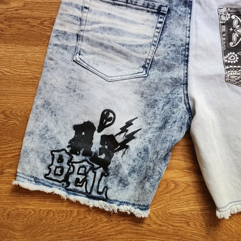 Rue 21 Supreme Flex Acid Wash Distressed Denim Patchwork Shorts Mens Size 38 New